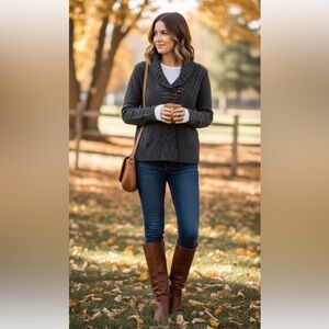 H&M L.O.G.G. Gray Chunky Cable Knit Shawl Collar Sweater Large